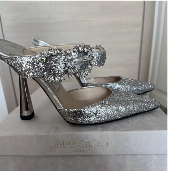 Jimmy Choo Shoes - Jimmy Choo Silver Glitter Heels with Ankle Strap SOLD OUT and FREE SHIPPING!